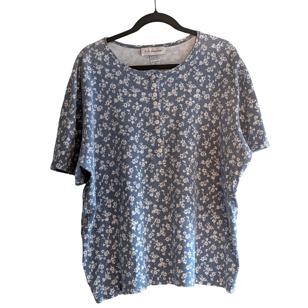 C D Daniels Blue Floral Henley Top Short Sleeve Cotton Plus Size 3X VTG